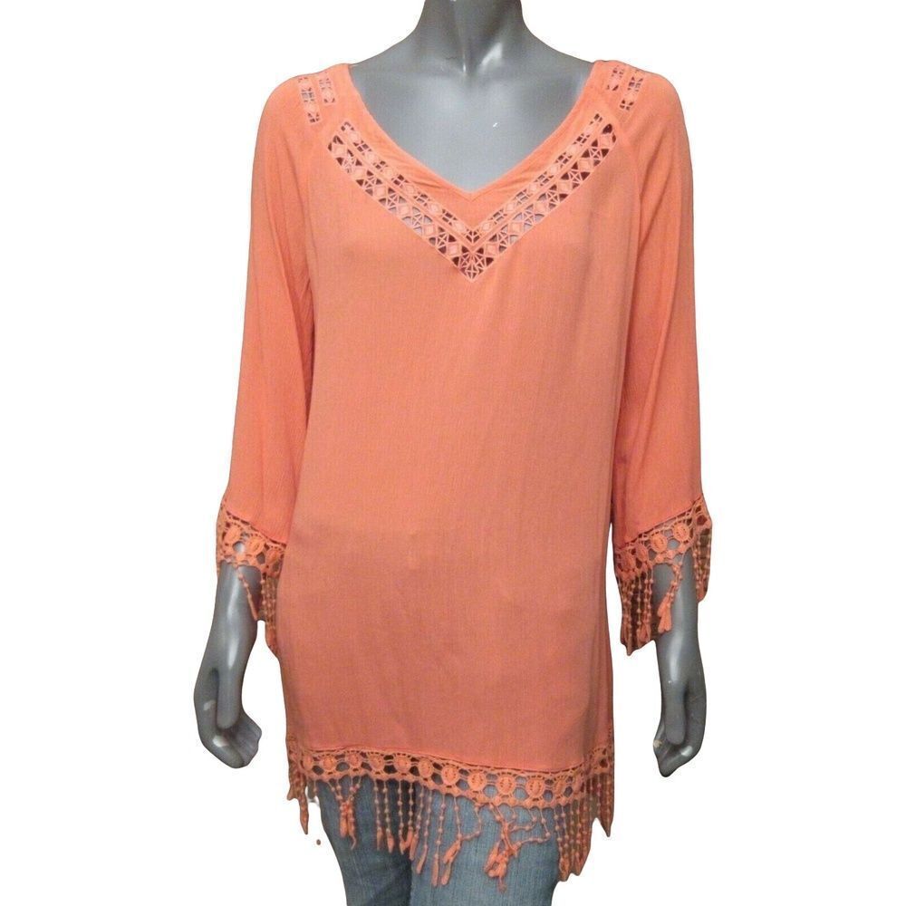 The Clothing Company Womens Top Tunic Pink 3/4 Sleeve Fringe Eyelet Cut-Out S